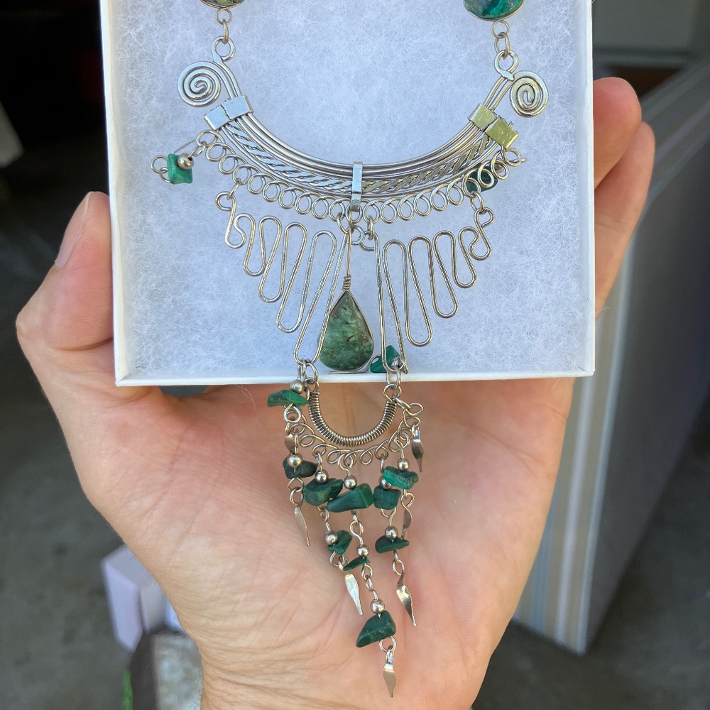 Sterling silver and turquoise boho architertural handcrafted necklace